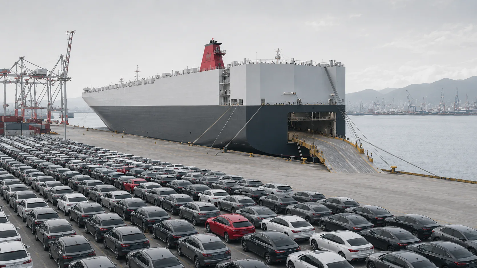 Vehicles staged near a roll-on roll-off vessel